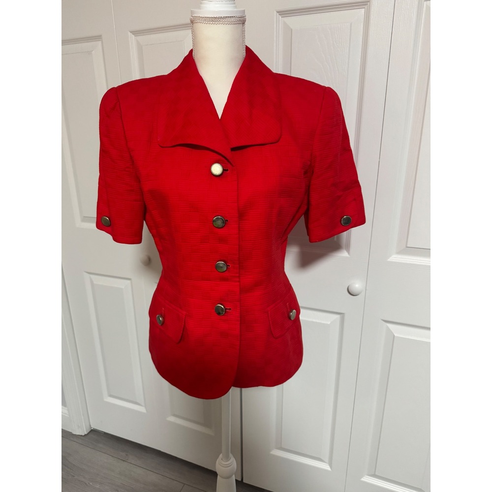 Bill Blass Suit Red Textured Cotton Short Sleeve Blazer Jacket Size 10